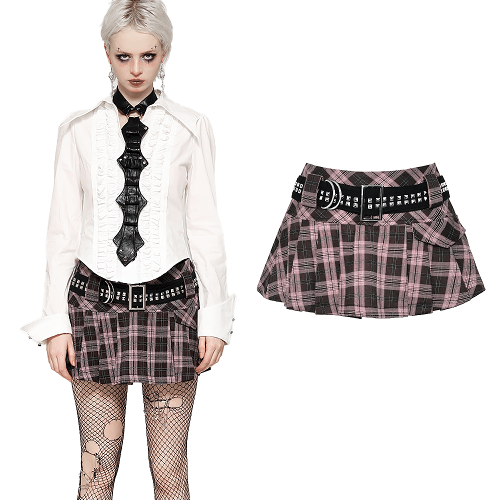 Plaid Mini Skirt with Studded Belt and Pleated Design