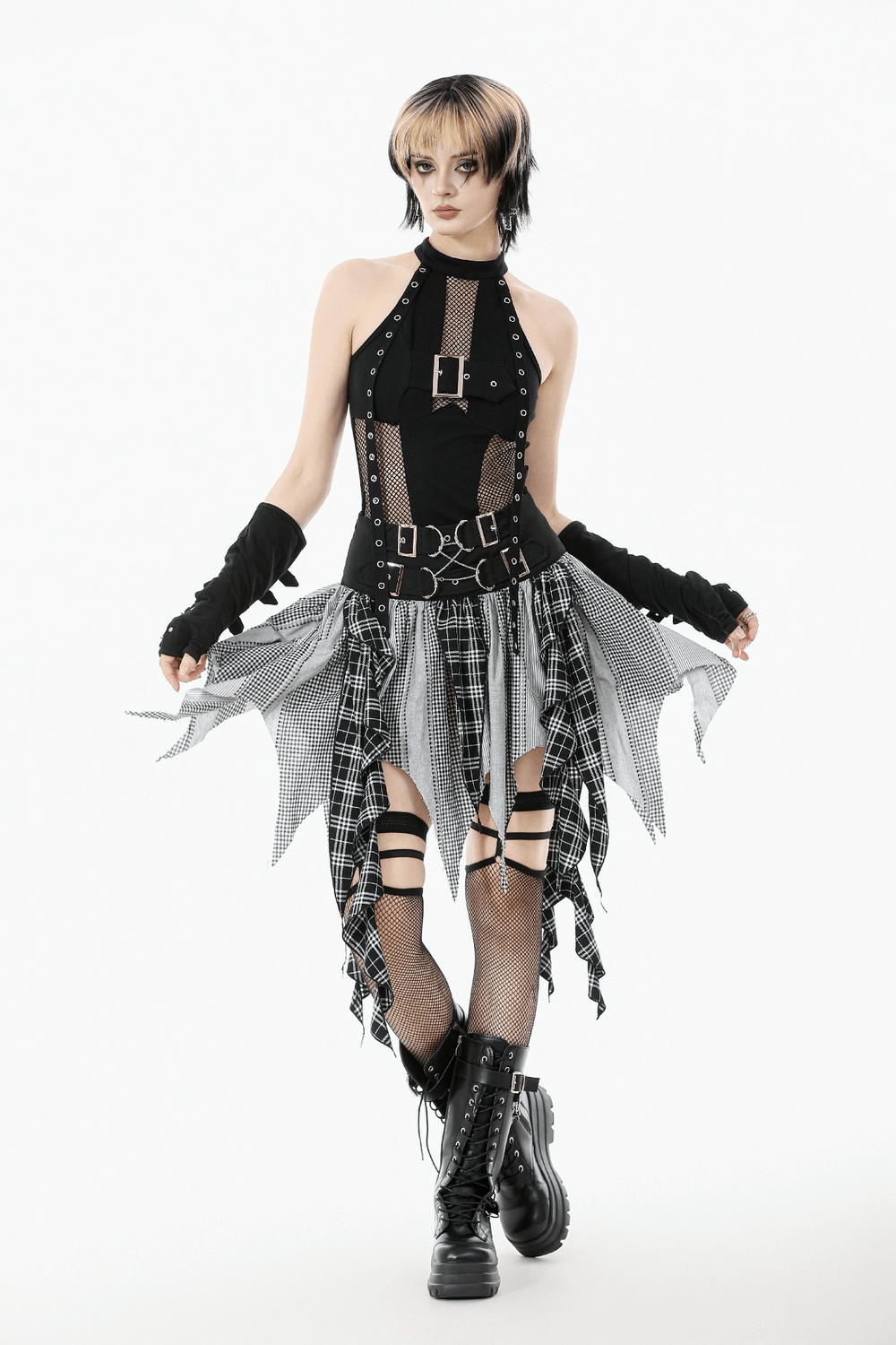 Plaid Skirt with Ruffled Design and Adjustable Belts