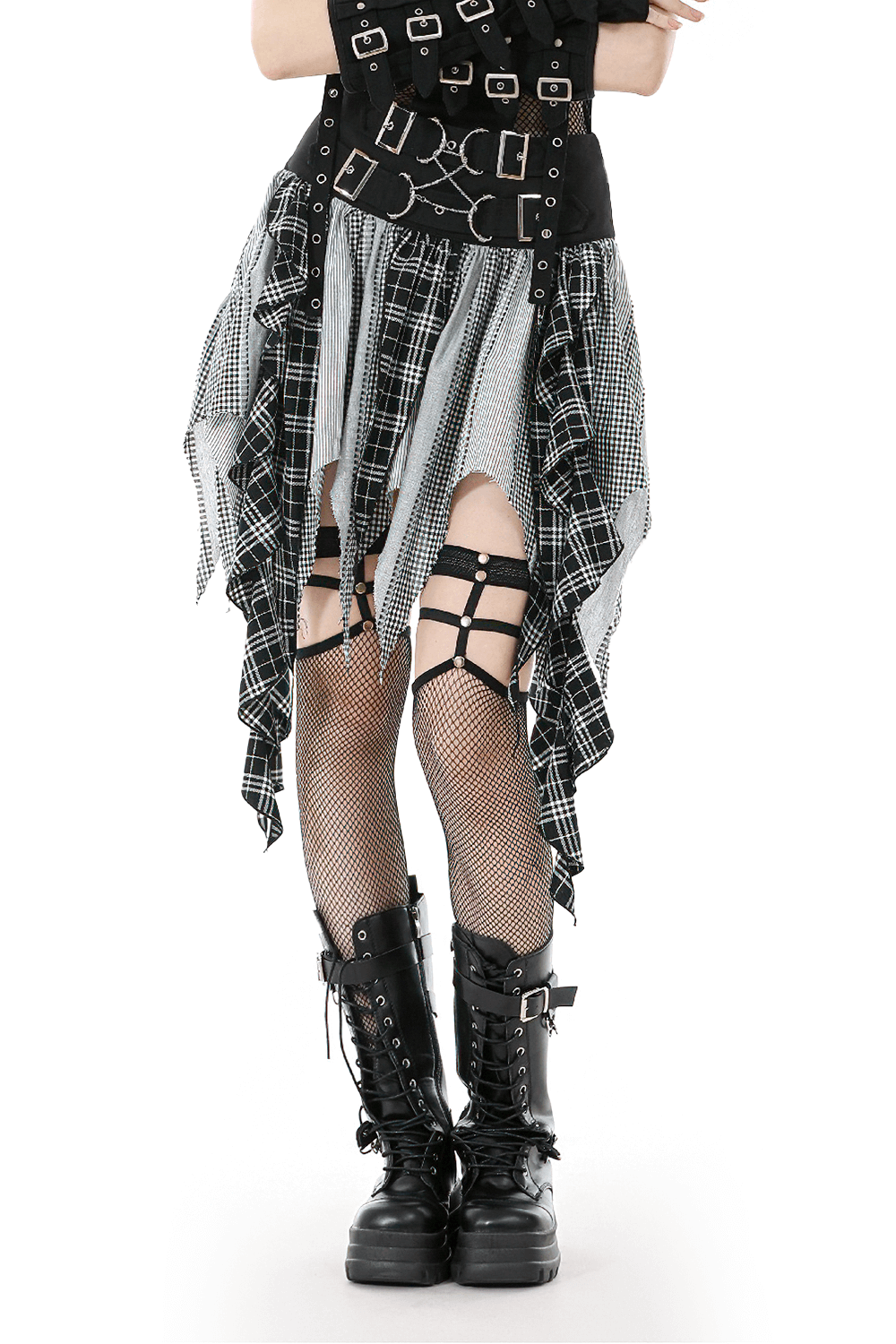 Plaid Skirt with Ruffled Design and Adjustable Belts