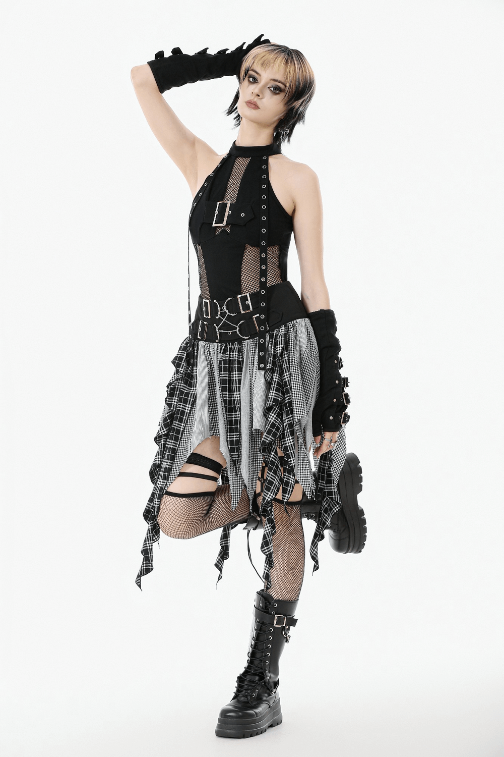 Plaid Skirt with Ruffled Design and Adjustable Belts