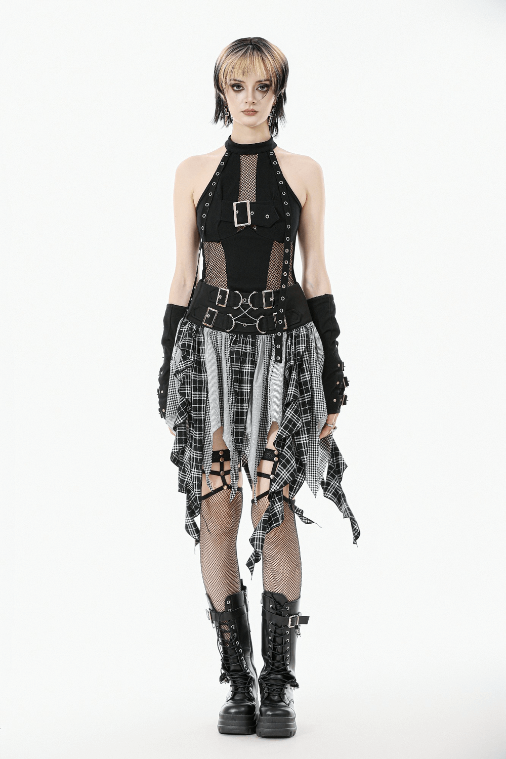 Plaid Skirt with Ruffled Design and Adjustable Belts