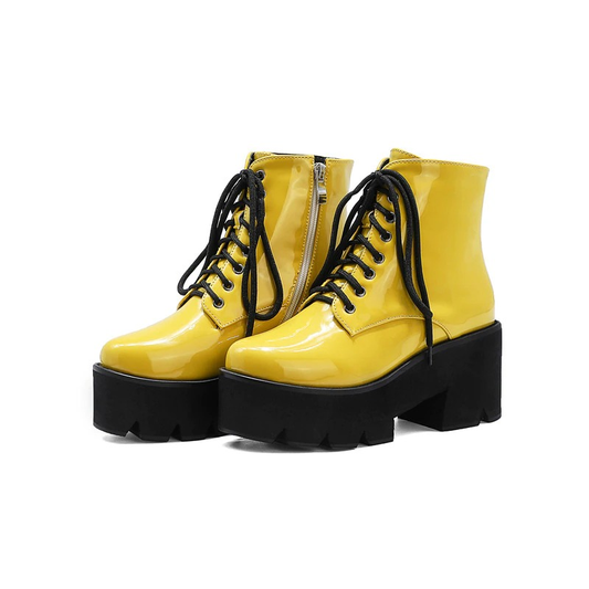 Platform Ankle Boots With Round Toe And Zipper / Women's Lace Up Shoes With Square Heel