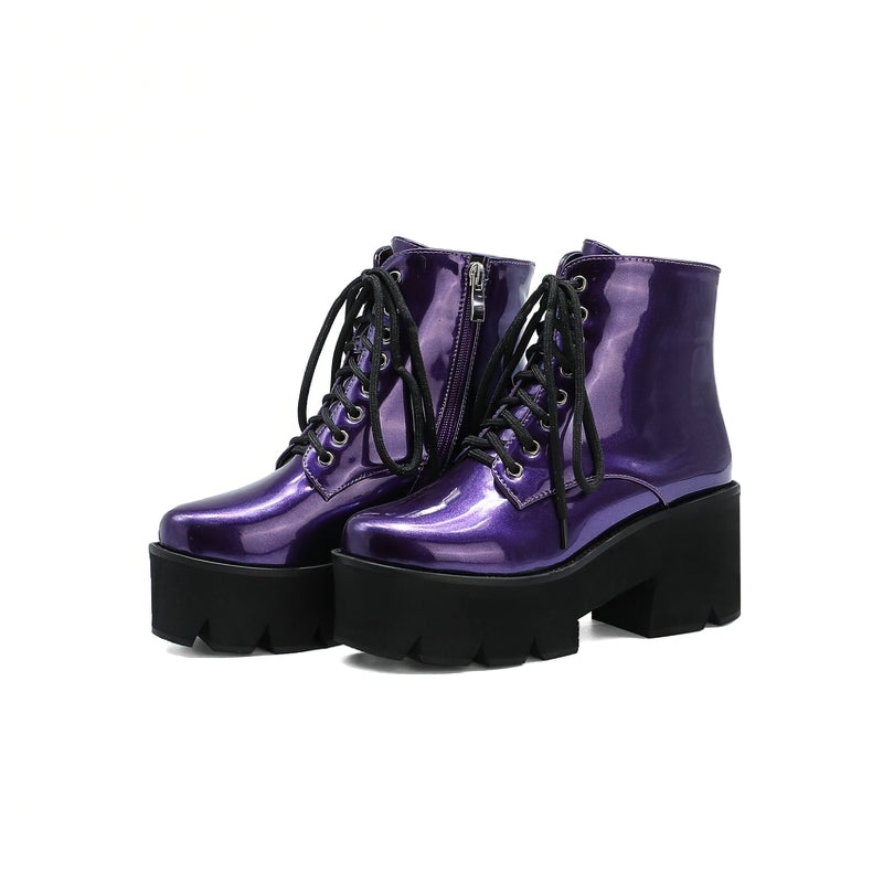 Platform Ankle Boots With Round Toe And Zipper / Women's Lace Up Shoes With Square Heel