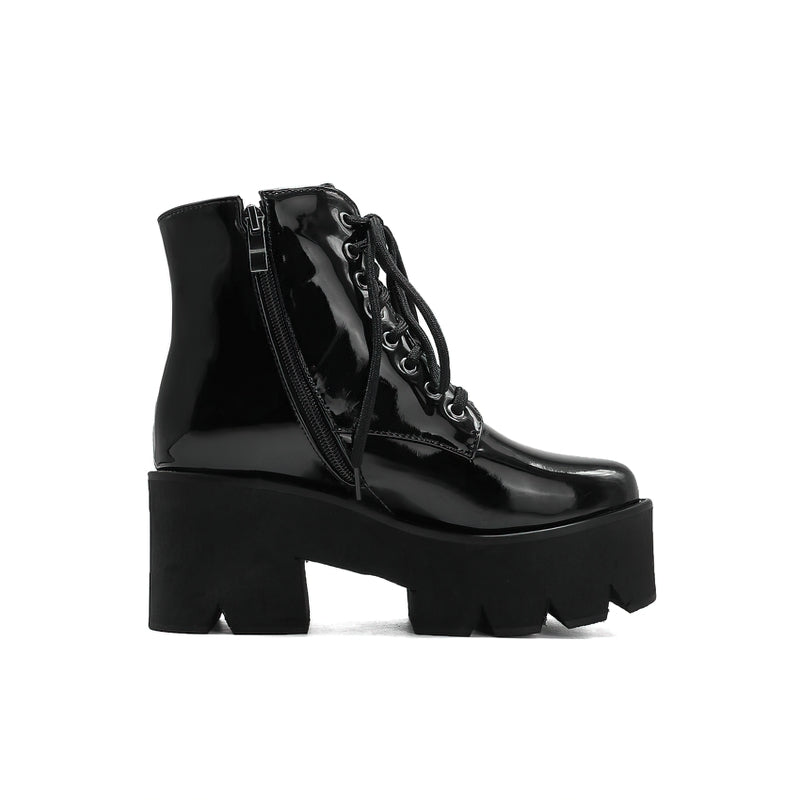 Platform Ankle Boots With Round Toe And Zipper / Women's Lace Up Shoes With Square Heel