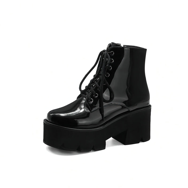 Platform Ankle Boots With Round Toe And Zipper / Women's Lace Up Shoes With Square Heel