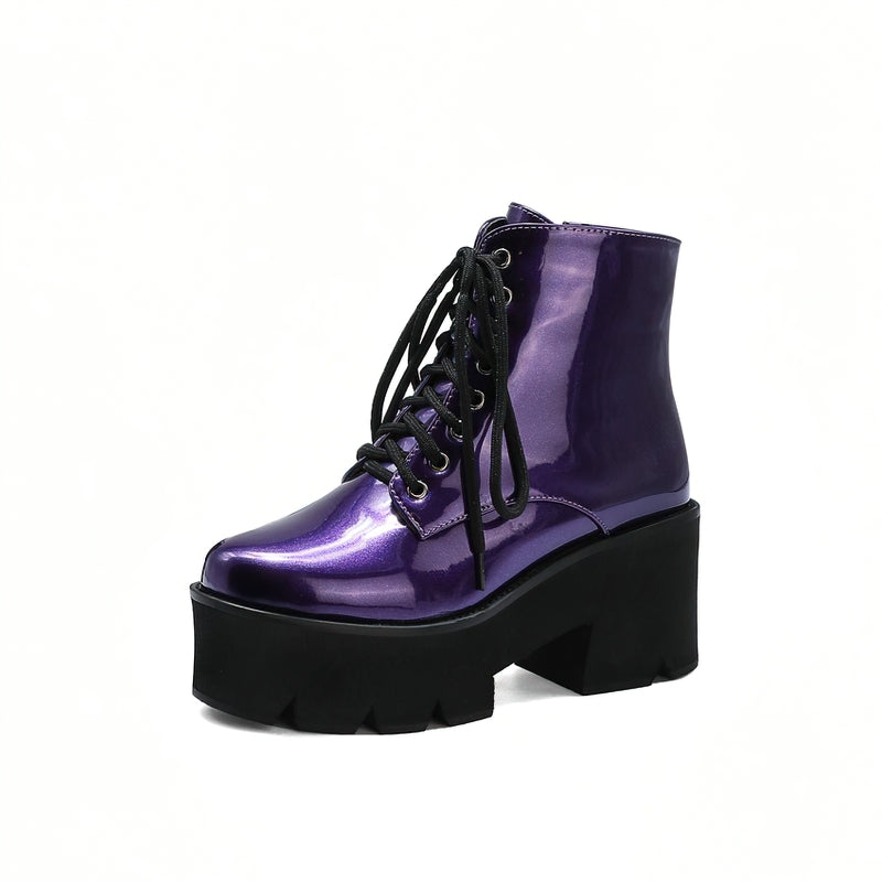 Platform Ankle Boots With Round Toe And Zipper / Women's Lace Up Shoes With Square Heel