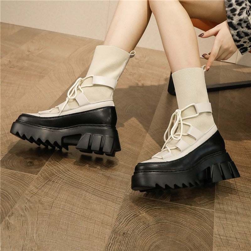 Platform Women's Lace-Up Boots / Stretch Fabric Autumn Footwear / Fashion Women Long Boots