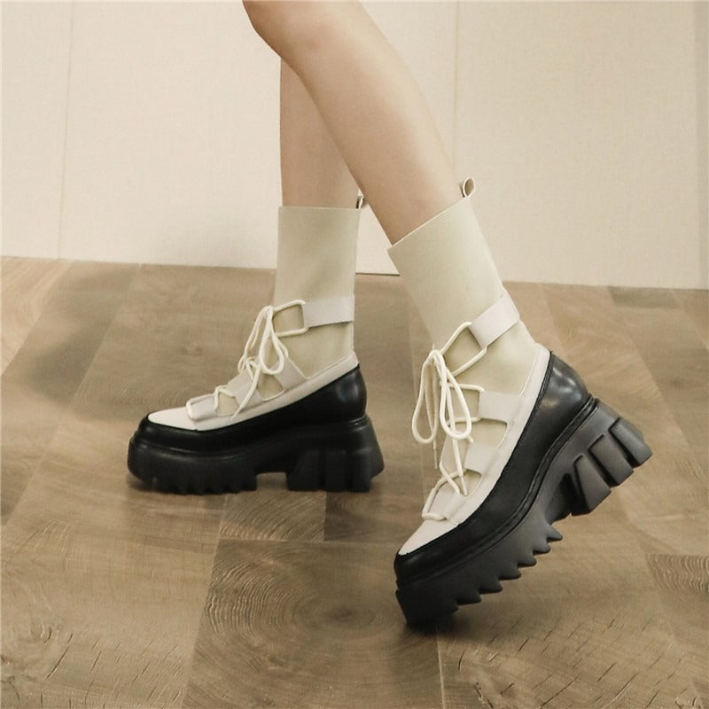 Platform Women's Lace-Up Boots / Stretch Fabric Autumn Footwear / Fashion Women Long Boots