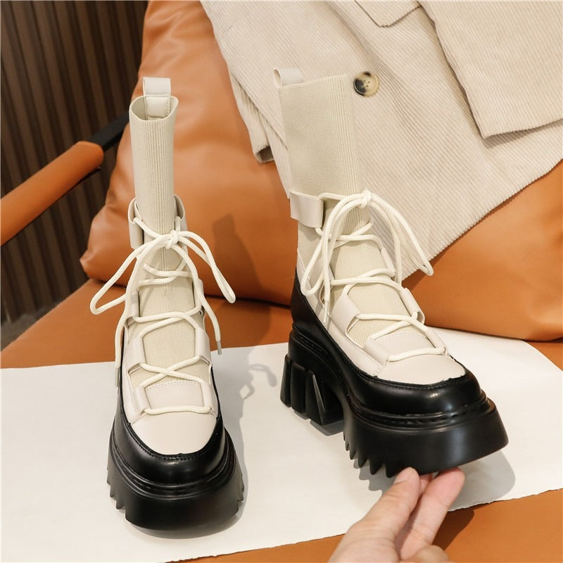 Platform Women's Lace-Up Boots / Stretch Fabric Autumn Footwear / Fashion Women Long Boots