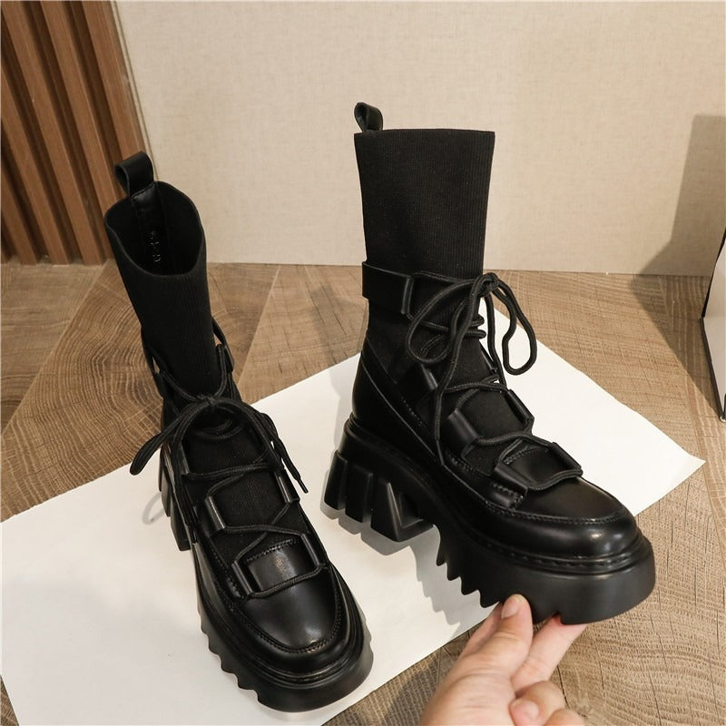 Platform Women's Lace-Up Boots / Stretch Fabric Autumn Footwear / Fashion Women Long Boots