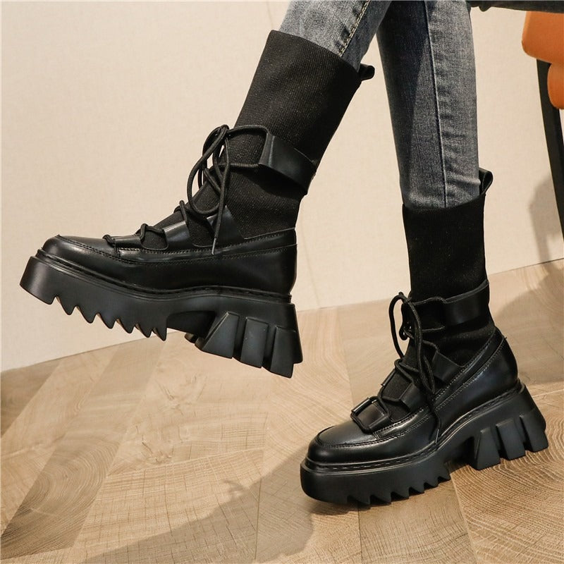 Platform Women's Lace-Up Boots / Stretch Fabric Autumn Footwear / Fashion Women Long Boots