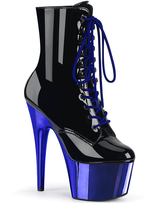 PLEASER Black and Blue Stiletto Lace-Up Ankle Boots