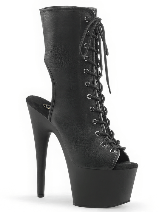 PLEASER Black Lace-Up Heel Ankle Boots with Open Toe