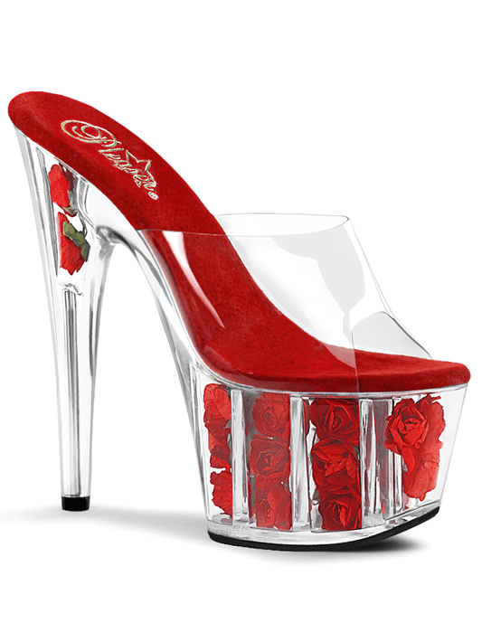 PLEASER Red Floral Platform Slides with Clear Stiletto