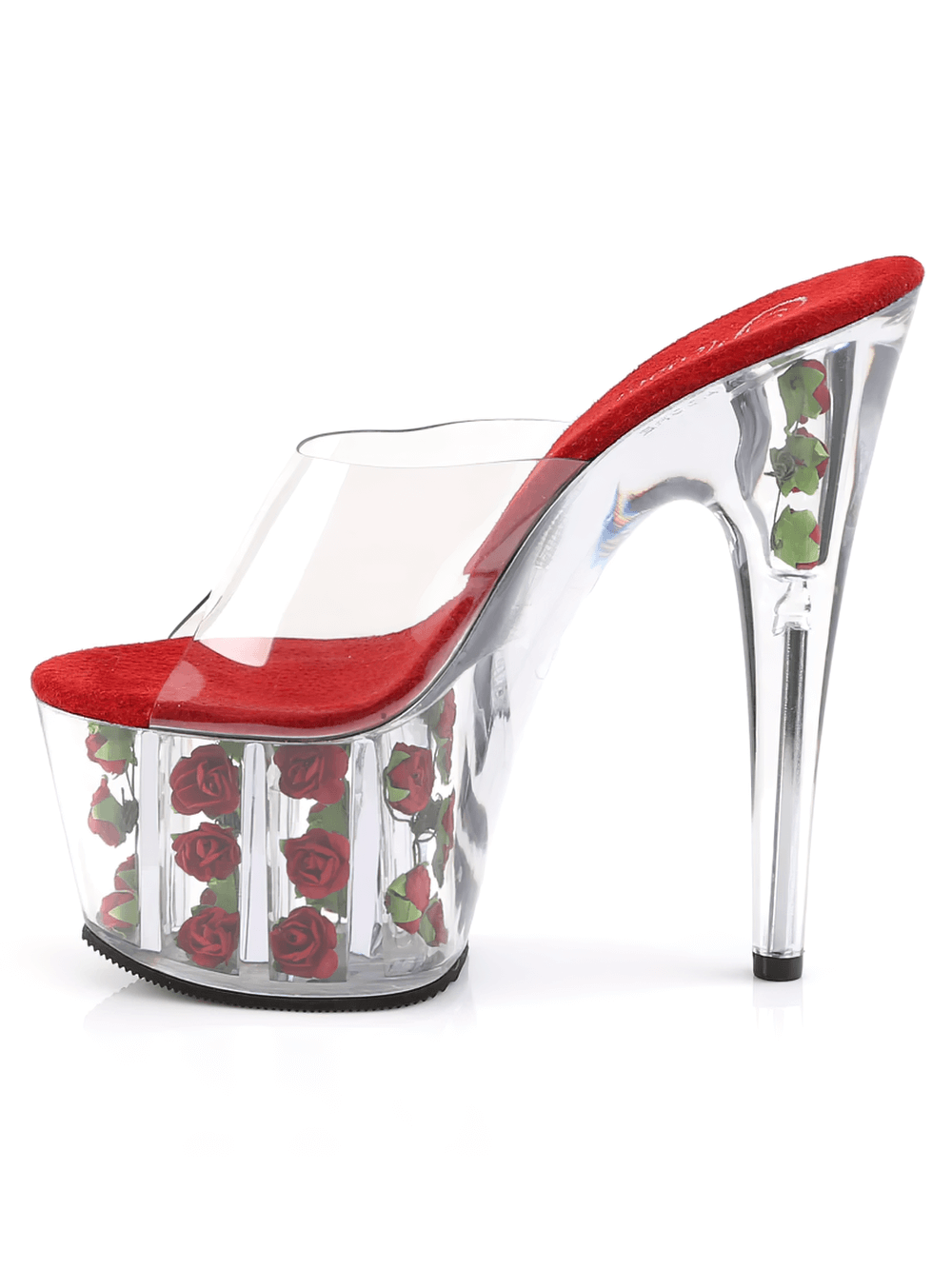 PLEASER Red Floral Platform Slides with Clear Stiletto