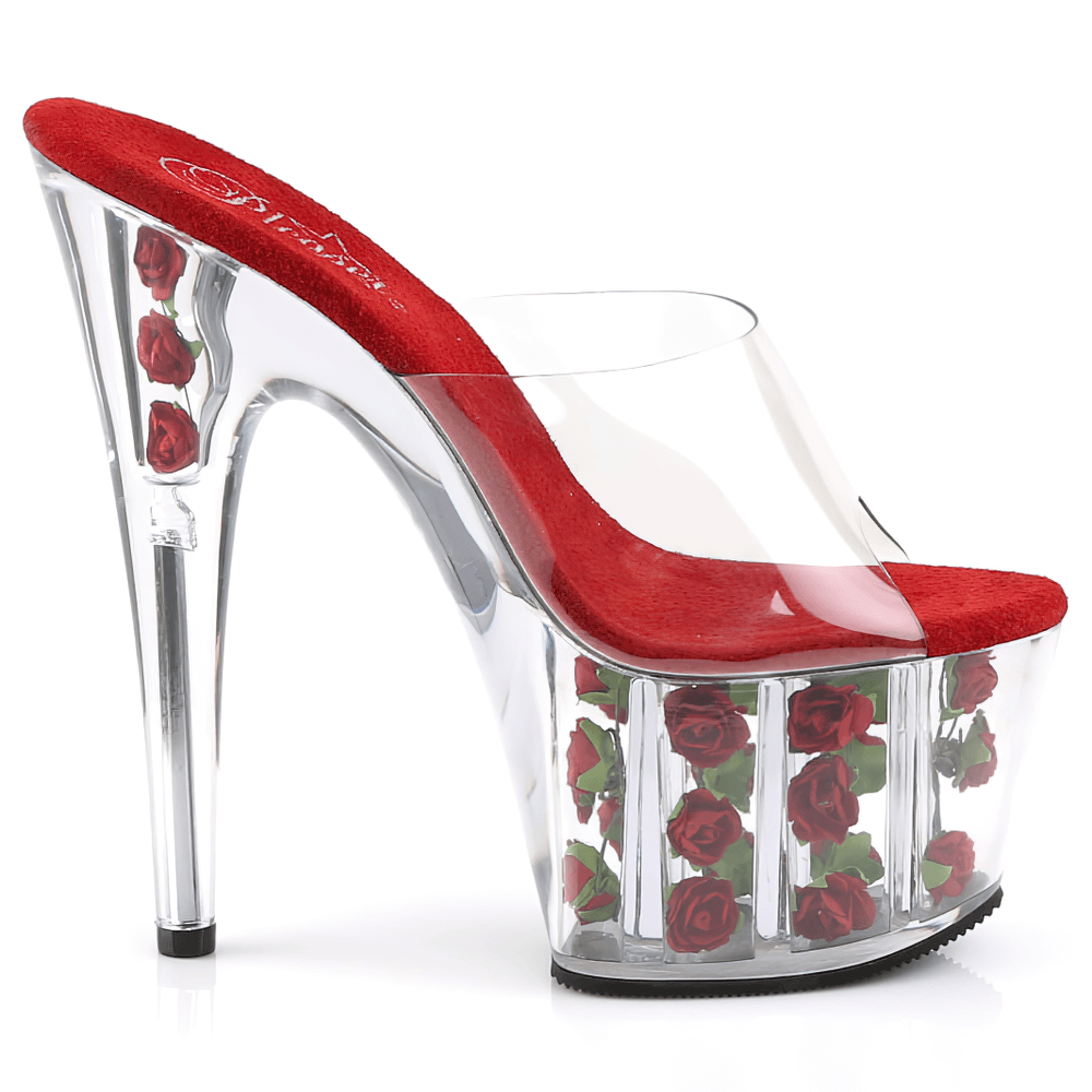 PLEASER Red Floral Platform Slides with Clear Stiletto