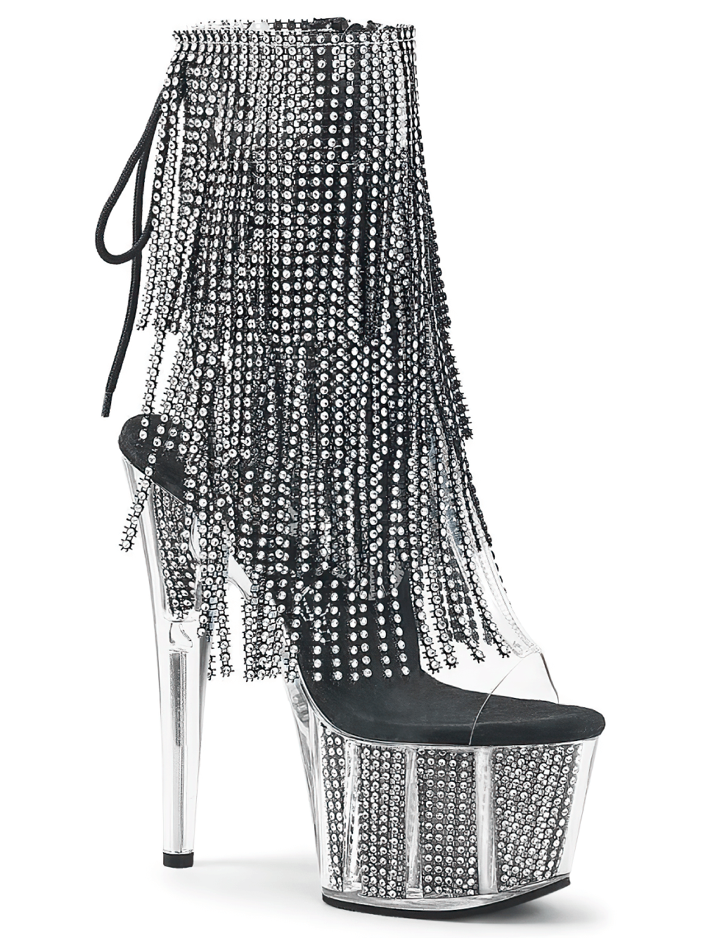 PLEASER Silver-Black Rhinestone Fringe Stiletto Heel Boots