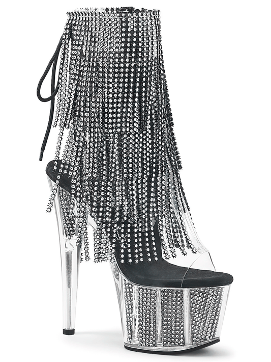 PLEASER Silver-Black Rhinestone Fringe Stiletto Heel Boots