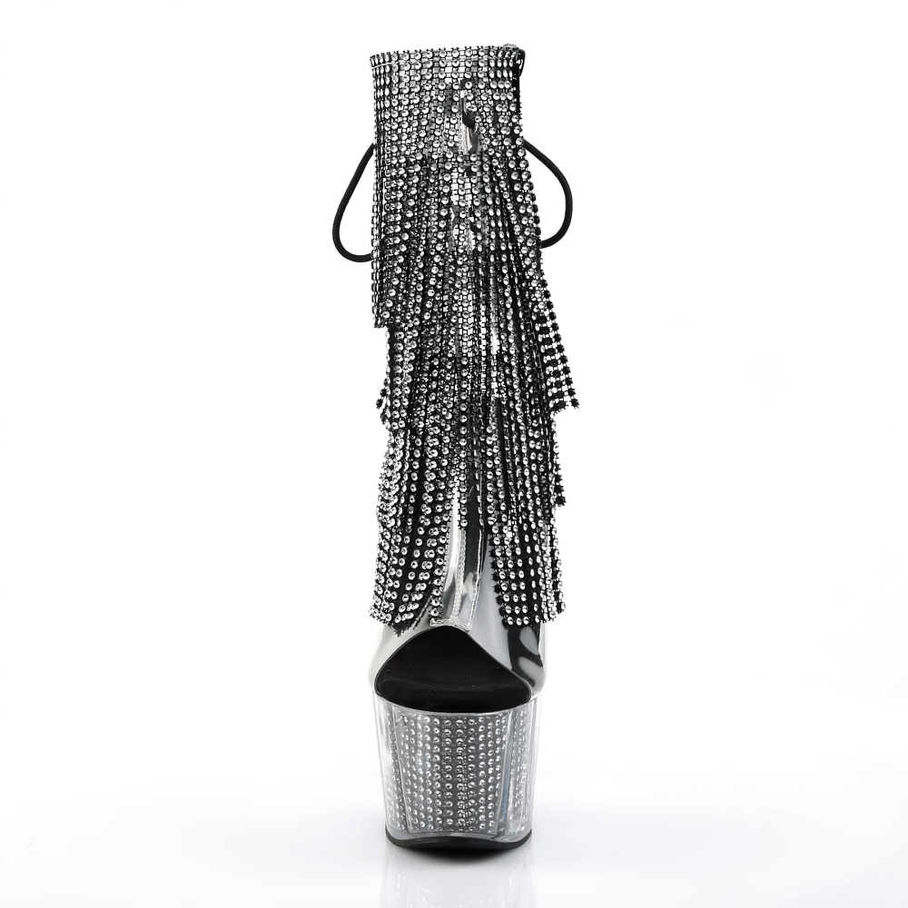 PLEASER Silver-Black Rhinestone Fringe Stiletto Heel Boots