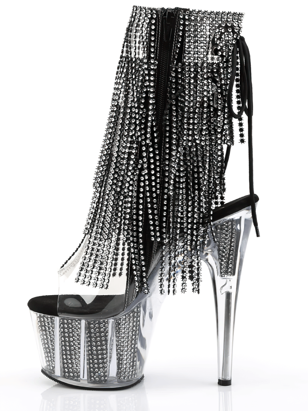 PLEASER Silver-Black Rhinestone Fringe Stiletto Heel Boots