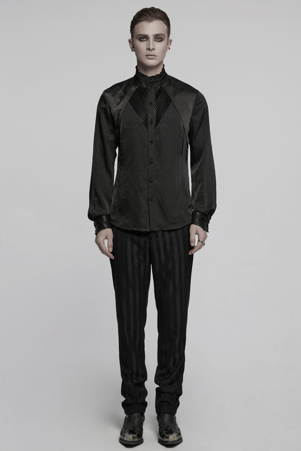 Pleated Gothic Button-Up Shirt with Glossy Accents
