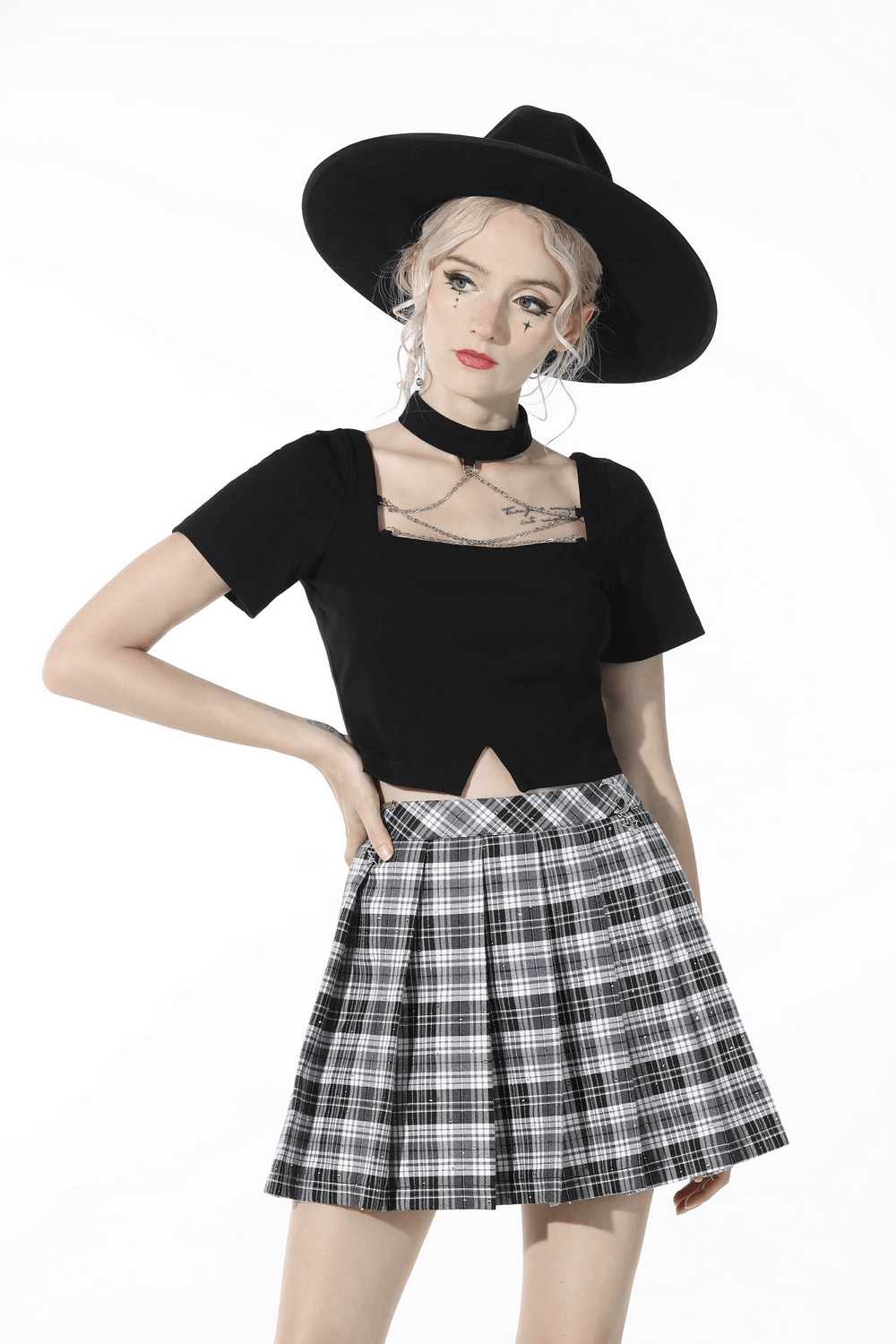 Pleated Gothic Mini Skirt with Black and White Plaid