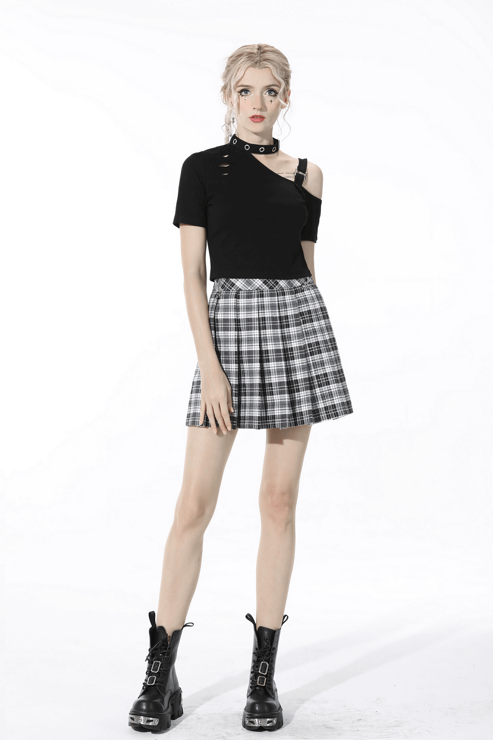 Pleated Gothic Mini Skirt with Black and White Plaid