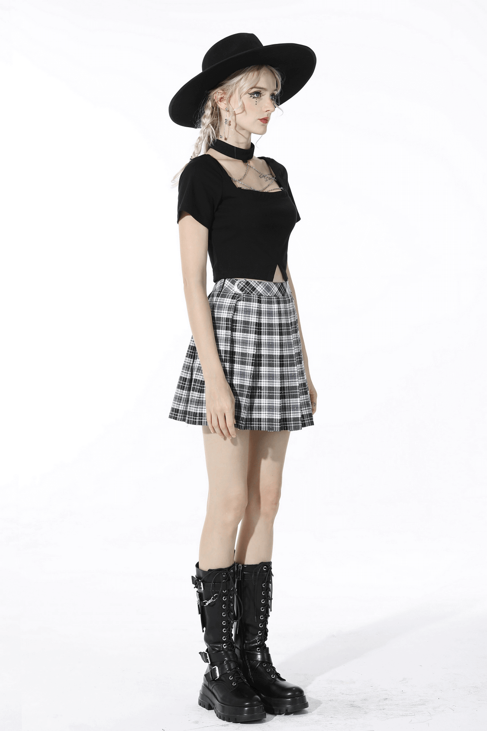 Pleated Gothic Mini Skirt with Black and White Plaid