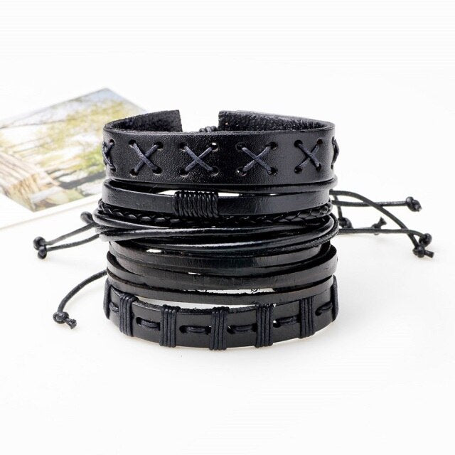 Black Leather Bracelet & Wristband in Rock Style Set of 5 PCs