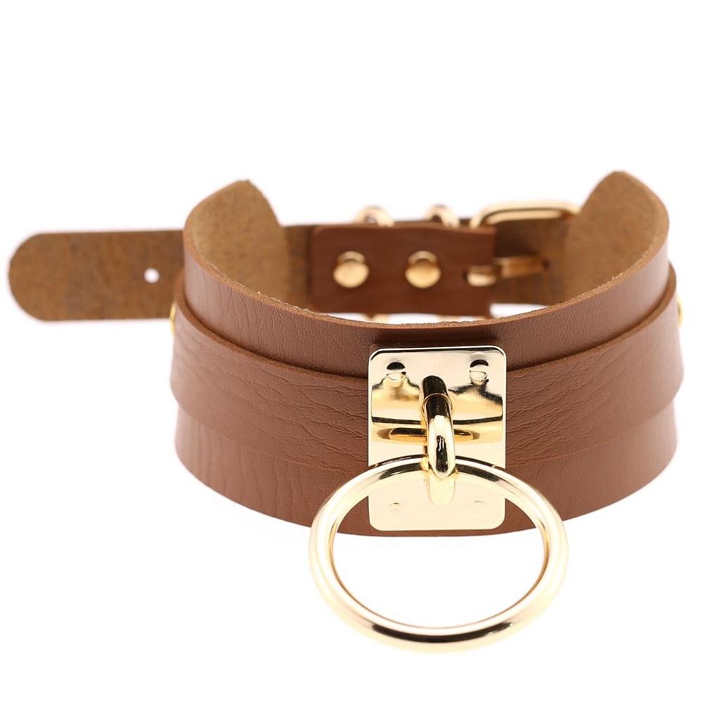 PU Leather Bondage Choker / Wide Gold Color Statement Necklace / Gothic Style Jewelry