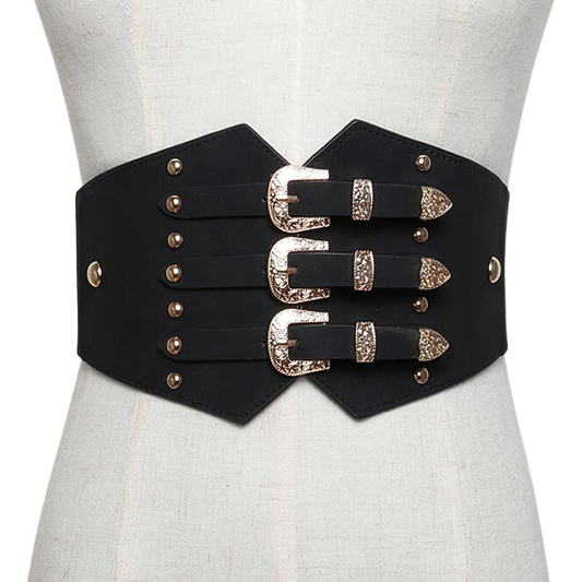 PU Leather Elastic Corset Belts / Black Wide Belts For Dresses / Vintage Ladies Accessories