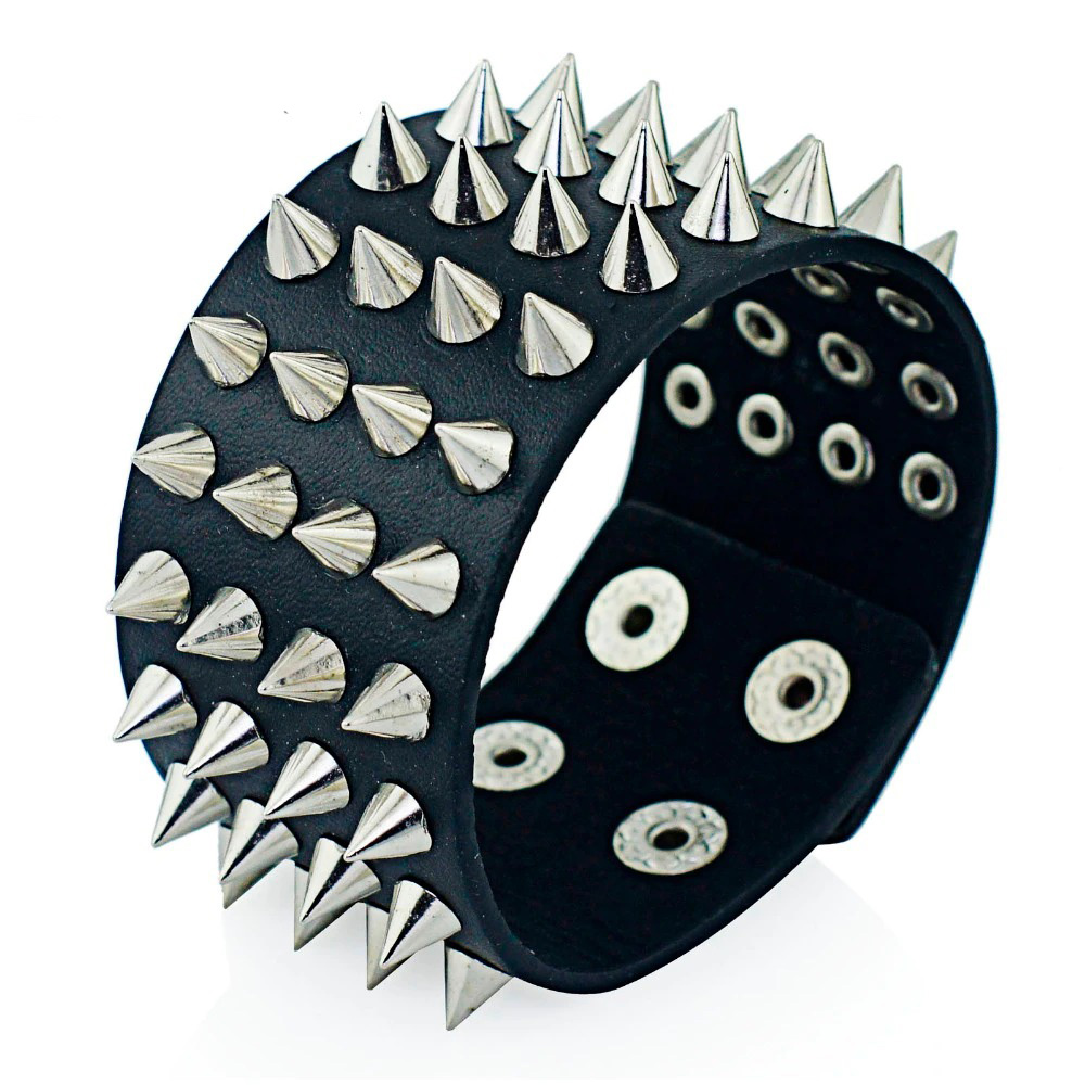 PU Leather Gothic Bracelet / Unisex Black Bangle with Four Row Spikes