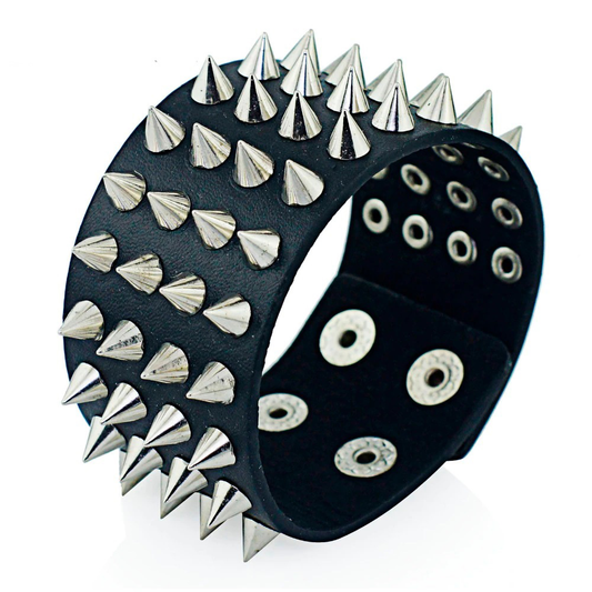 PU Leather Gothic Bracelet / Unisex Black Bangle with Four Row Spikes