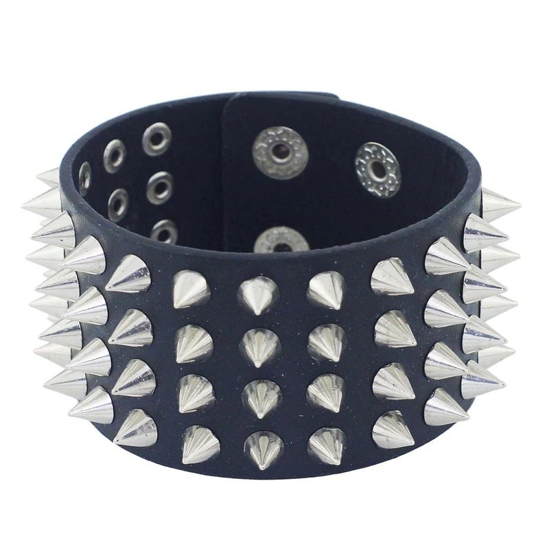 PU Leather Gothic Bracelet / Unisex Black Bangle with Four Row Spikes