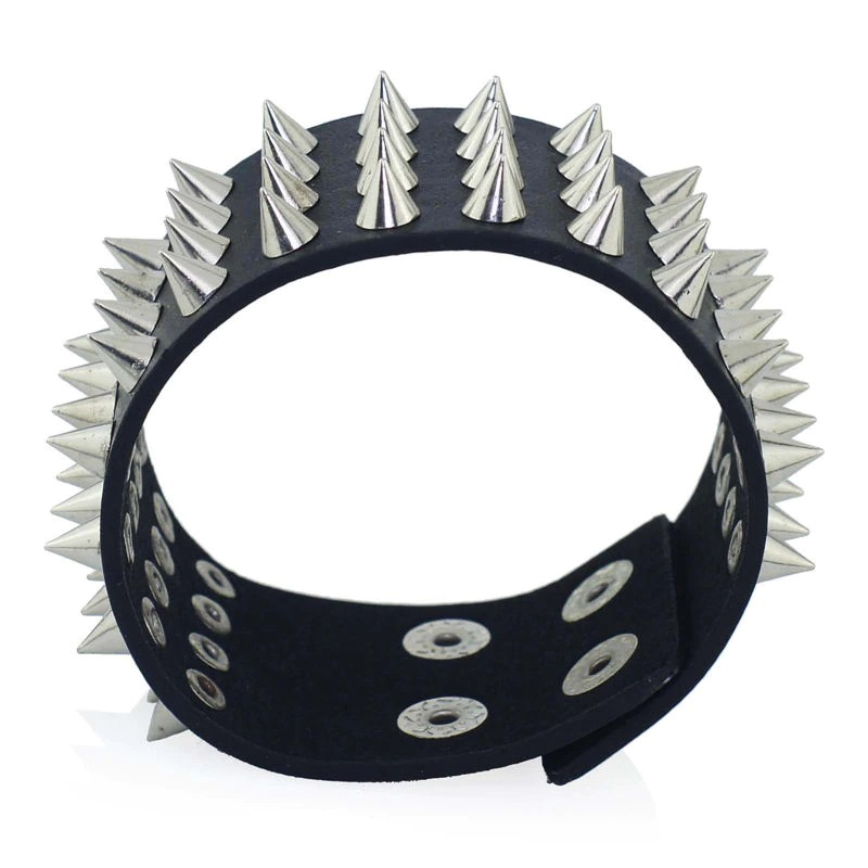 PU Leather Gothic Bracelet / Unisex Black Bangle with Four Row Spikes