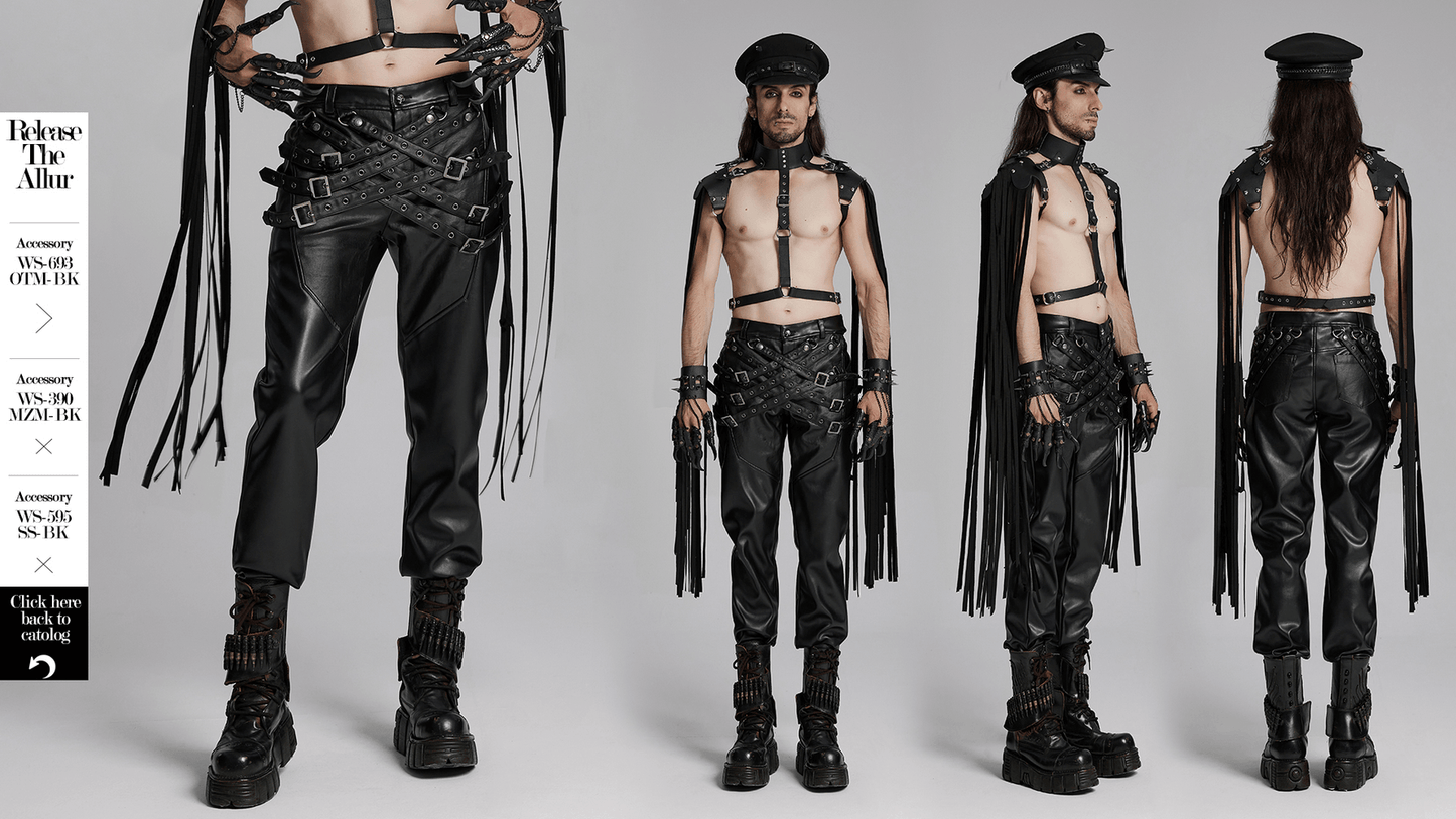PU Leather Pants with Buckle Details and Punk Edge