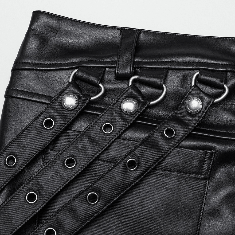 PU Leather Pants with Buckle Details and Punk Edge