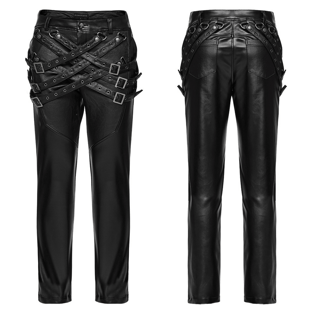 PU Leather Pants with Buckle Details and Punk Edge
