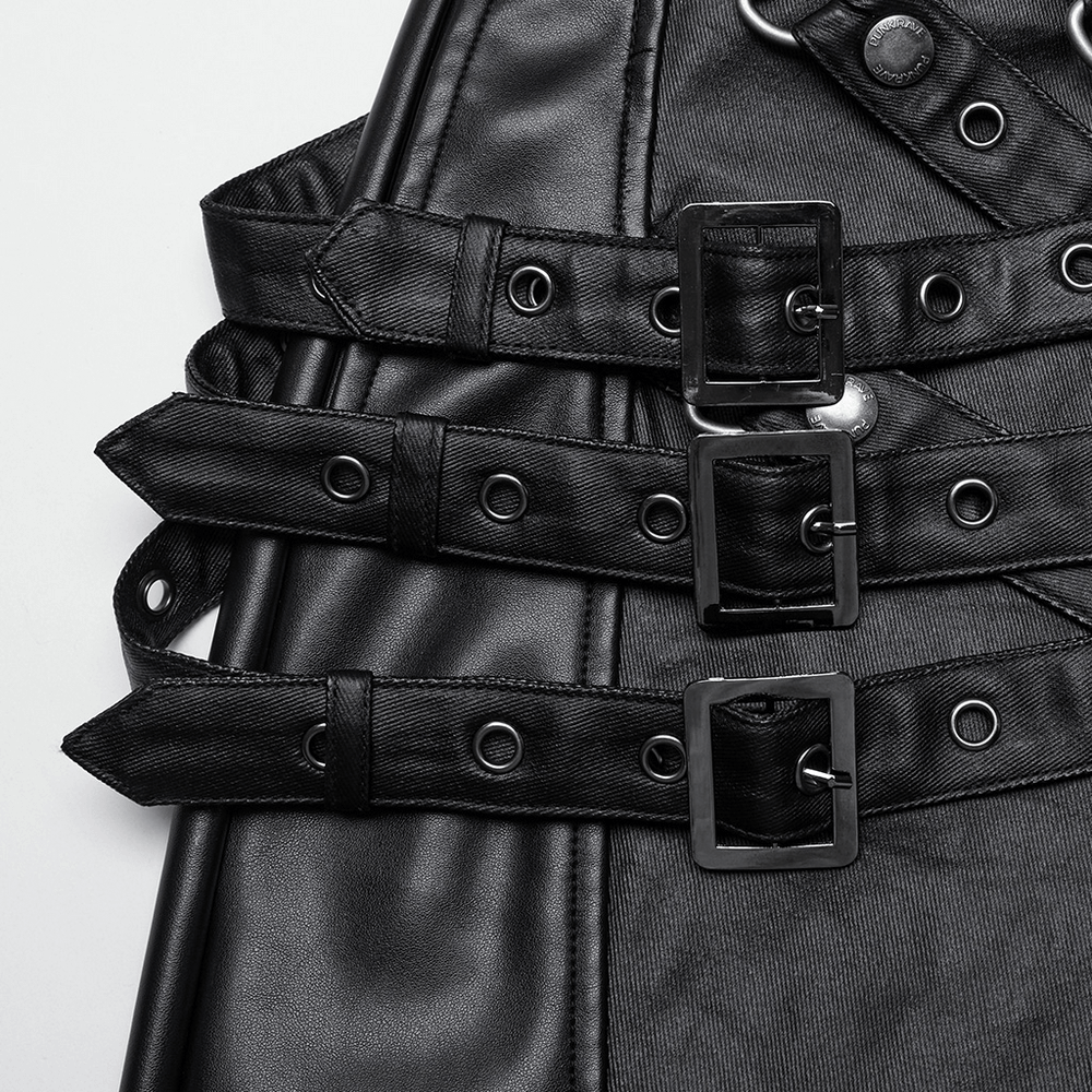 PU Leather Pants with Buckle Details and Punk Edge