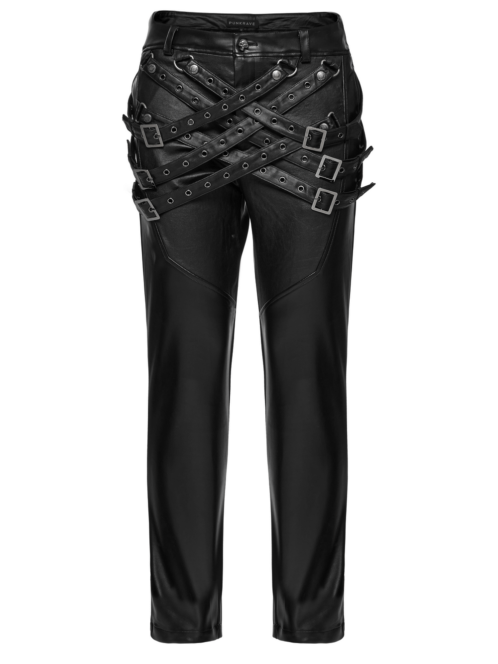 PU Leather Pants with Buckle Details and Punk Edge