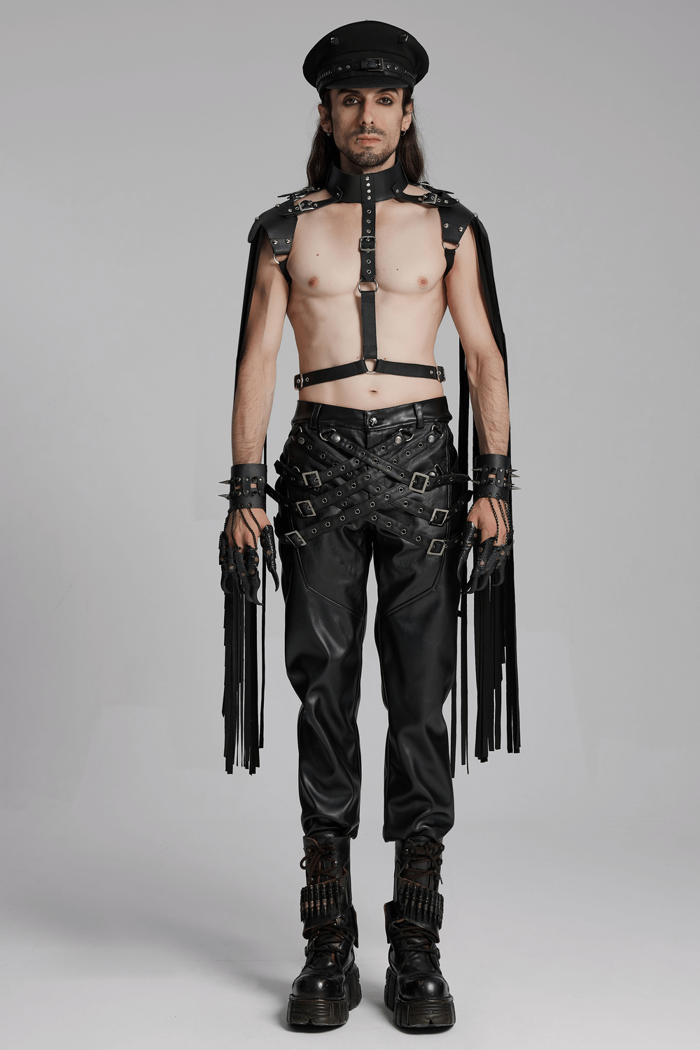 PU Leather Pants with Buckle Details and Punk Edge