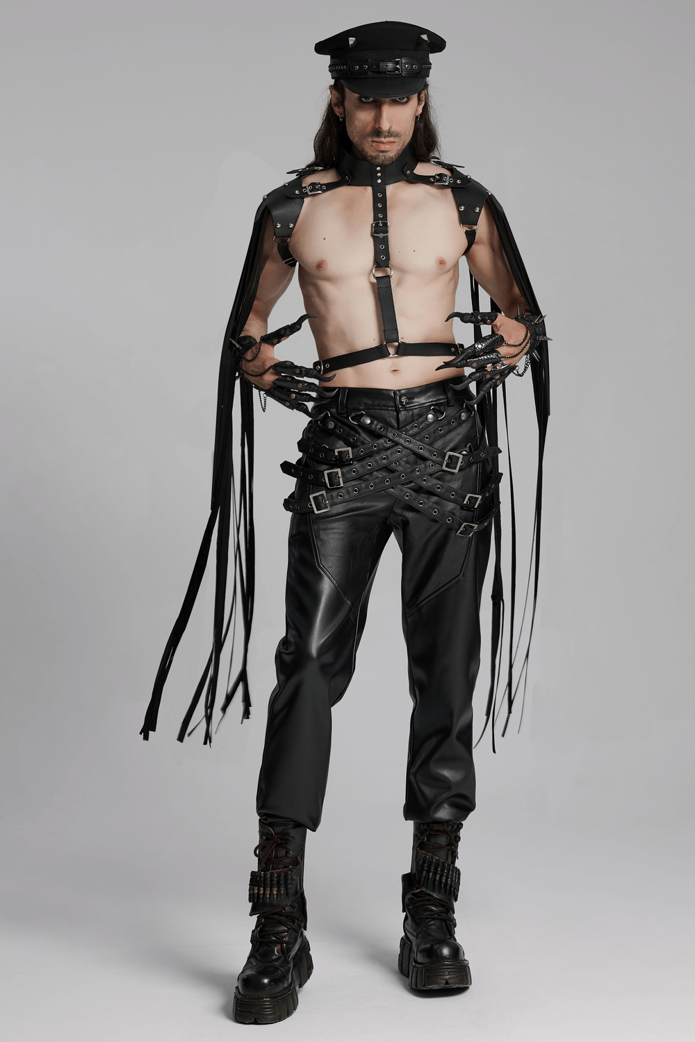 PU Leather Pants with Buckle Details and Punk Edge