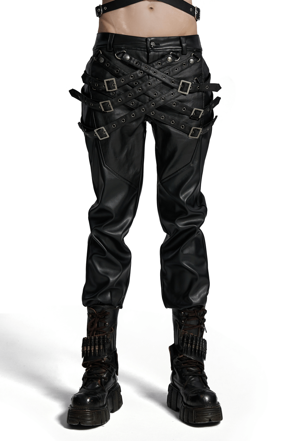 PU Leather Pants with Buckle Details and Punk Edge