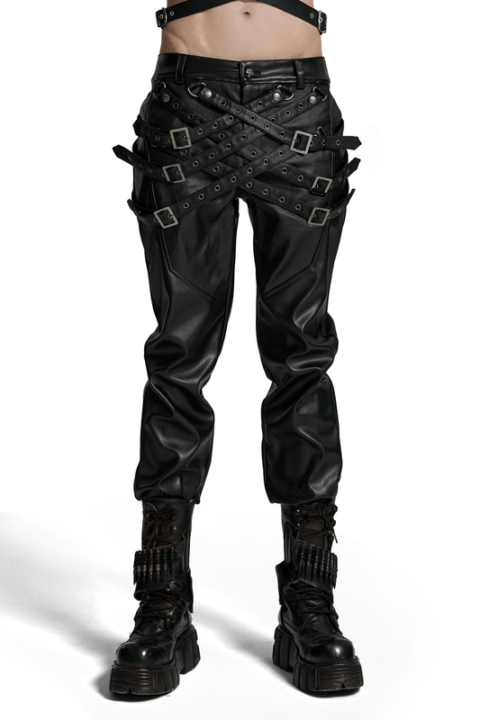 PU Leather Pants with Buckle Details and Punk Edge
