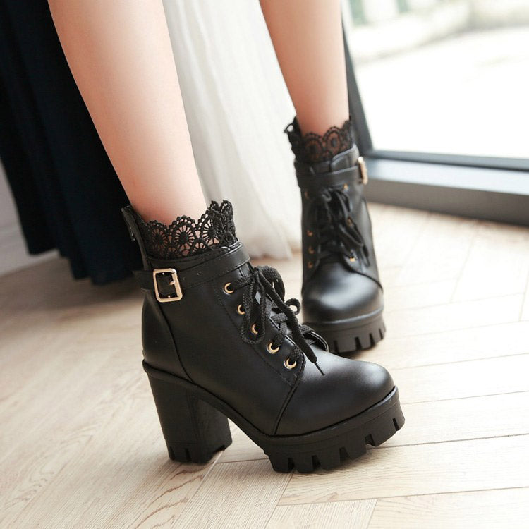 Pu Leather Warm Winter Women's Boots / Lace-Up Shoes for Women in Gothic Style