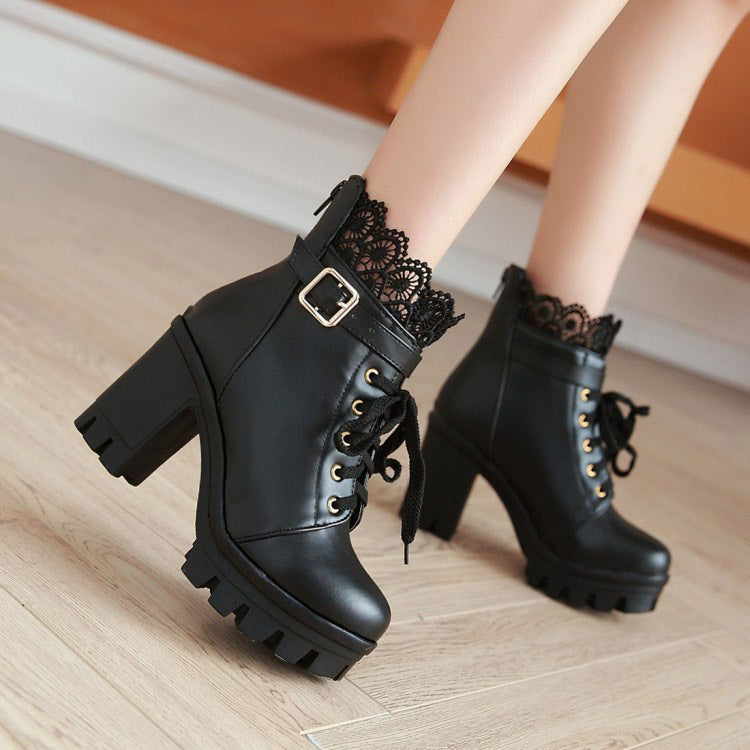 Pu Leather Warm Winter Women's Boots / Lace-Up Shoes for Women in Gothic Style