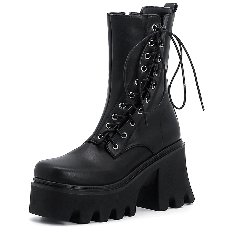 PU Leather Women's Boots with Lace Up in Side / Fashion Ankle Black Shoes