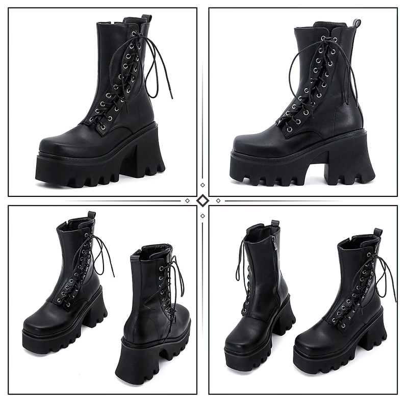 PU Leather Women's Boots with Lace Up in Side / Fashion Ankle Black Shoes