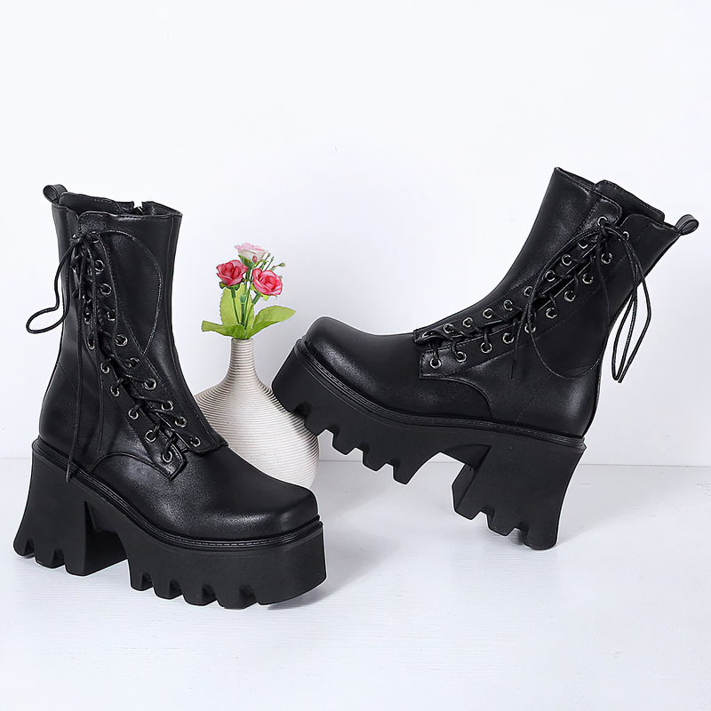 PU Leather Women's Boots with Lace Up in Side / Fashion Ankle Black Shoes