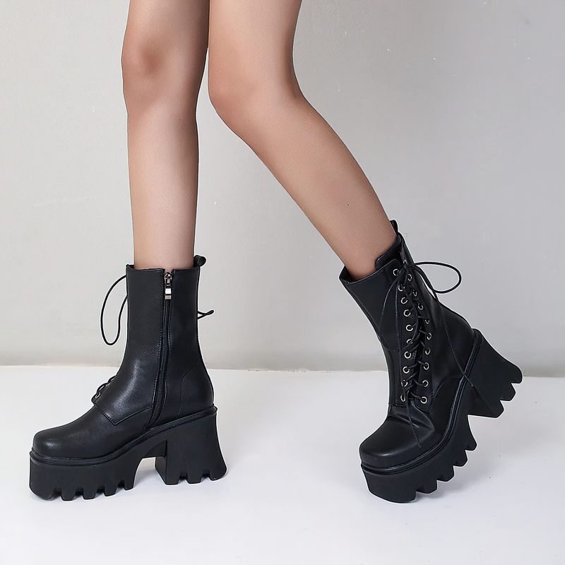 PU Leather Women's Boots with Lace Up in Side / Fashion Ankle Black Shoes